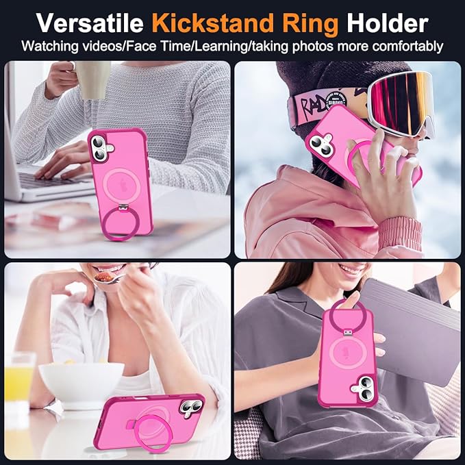 Compatible with iPhone 16 Case with Invisible Magnetic O-Ring Stand Military-Grade Translucent Case for iPhone 16 6.1" [Compatible with Mag-Safe][Great Grip Feeling], Rose
