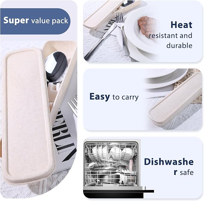 HANSGO 3PCS Portable Utensils Set with Case, Travel Cutlery Set Stainless Steel Utensils Reusable Silverware for Lunch Camping School Picnic Office Dishwasher Safe Beige