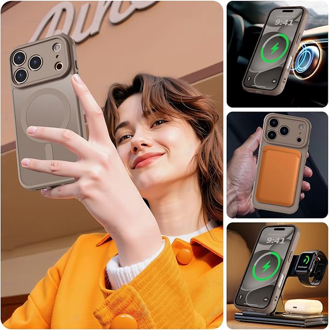 MOCCA Strong Magnetic Compatible with iPhone 17 Pro Case [Compatible with Magsafe] [Full Camera Protection] Slim Translucent Matte Shockproof Phone Case Cover 6.3",Brown