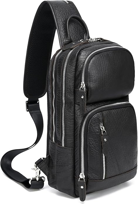 LANNSYNE Full Grain Leather Sling Bag For Men Crossbody Chest Daypack fits 10.5" iPad