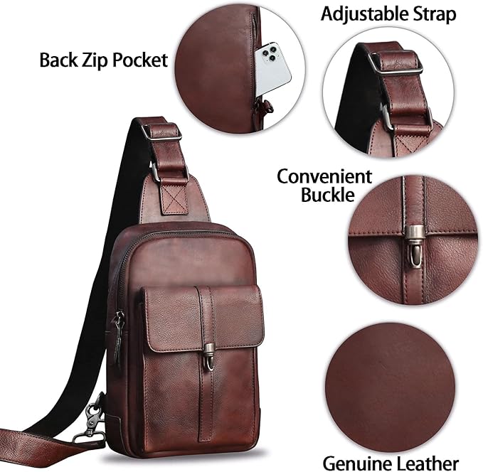 IVTG Genuine Leather Sling Bag Casual Shoulder Hiking Backpack Vintage Handmade Crossbody Bag Retro Chest Daypack (Coffee)