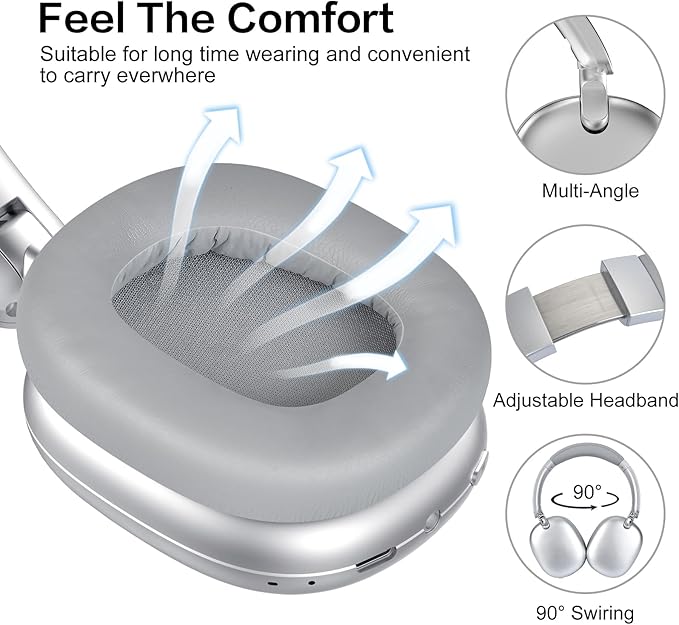 RORSOU C6 Active Noise Cancelling Headphones, Wireless Over Ear Bluetooth Headphones, 60H Playtime, Lightweight Folding Deep Bass Comfort Fit Ear Cups Headset with Mic for iPad/Travel/PC/Home Silver