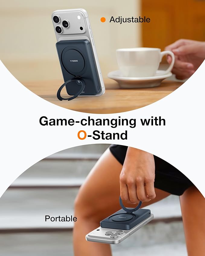 TORRAS EasyGo 10000mAh Magnetic Portable Charger Power Bank for iPhone, Fast Charging Travel Essential Wireless Battery Pack with Stand Compatible with Magsafe, 17 Pro Max,Pro,16,15,14,13,12, Black