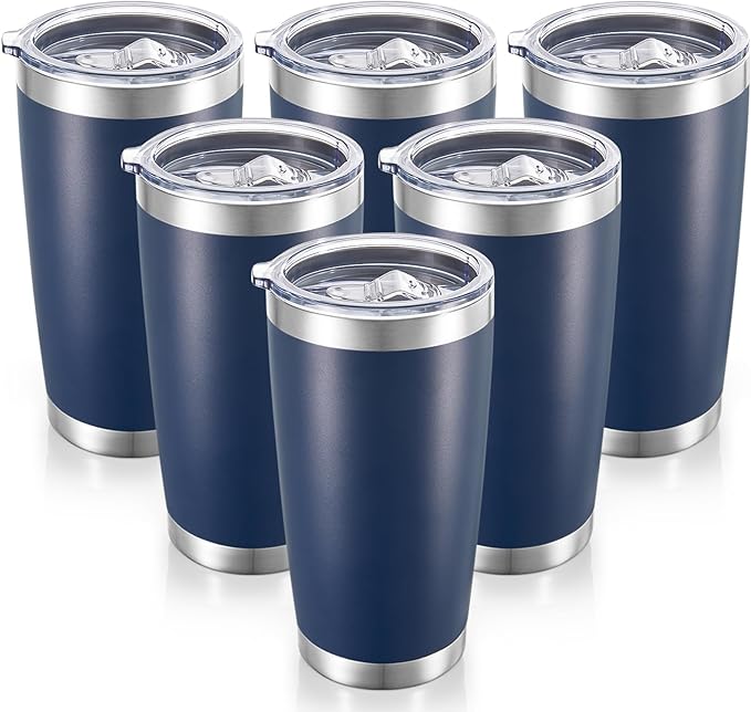 20 oz Tumblers Bulk Stainless Steel Tumbler with Lid Double Wall Vacuum Insulated Coffee Mug 20oz Powder Coated Cup for Hot and Cold Drinks, Navy, 6 pack