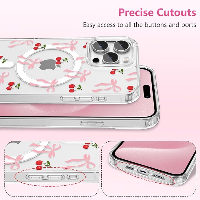 ZTOFERA for iPhone 16 Pro Max Magnetic Case Clear,Cute Love Heart Ribbon Bow Tie Aesthetic Phone Case,Transparent Trendy Slim Soft Shockproof Protective Phone Cover for Women Girls,Peach Pink