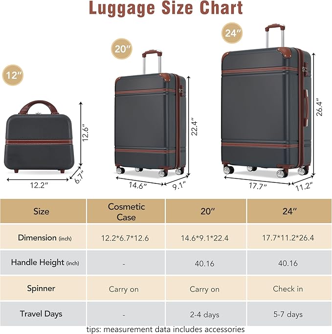 Merax Luggage Set 2 Piece Suitcase Set with Cosmetic Case Expandable Spinner Wheels Vintage Luggage Sets(Black,20"+24")