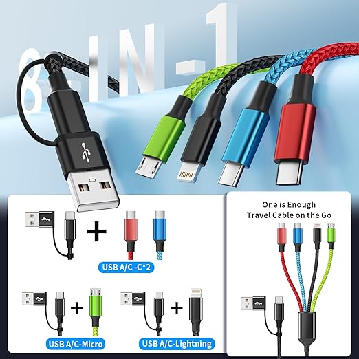 Travel 4 in 2 Multi Charging Cable with Dual Type-C, USB A/USB C Chargers for Multiple Devices, Multiple Charger Cord Compatible with Most Cell Phones/Tablets and More (1Pack, 5FT)