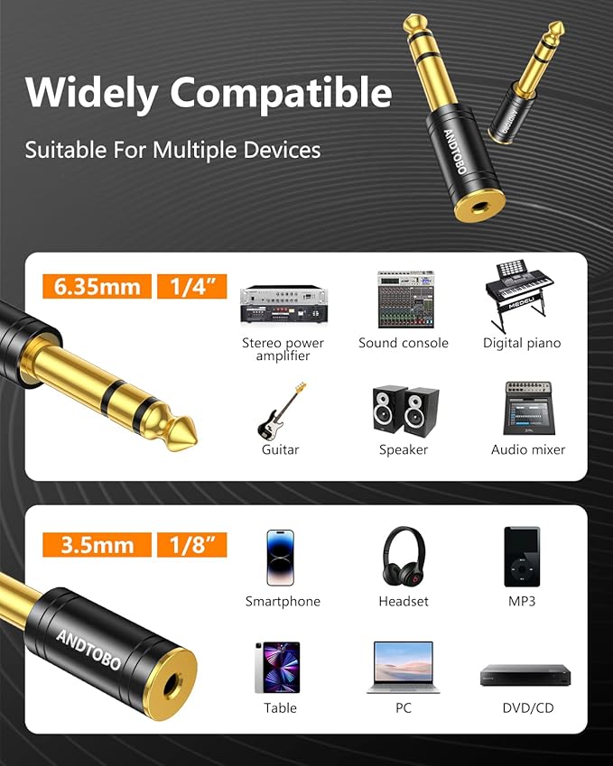 ANDTOBO 1/4''(6.35mm) Male to 1/8'' (3.5mm) Female Stereo Audio Jack Pure Copper Adapter for Headphone, Amp, 1 Pack-Black