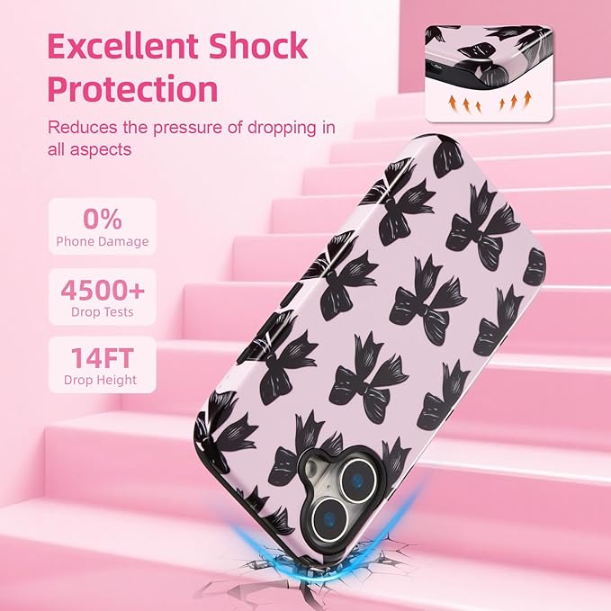 QLTYPRI Case for iPhone 16, Aesthetic Black Ribbon Bow Phone Case for Girls Women, Protective Hybrid 2-Layer Hard Shell Silicone Cover Durable Shockproof Phone Cover - Pink