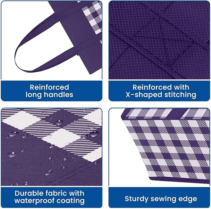 WISELIFE Reusable Grocery Shopping Bags 10 Pack Large Foldable Tote Bags Bulk, Long Handle for Shopping Groceries Clothes (Plaid C)
