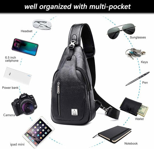 Small Sling Bag Crossbody Backpack Over the Shoulder Bag for Men Women Travel Outdoors, Lightweight Chest Pack (Small, PU leather)