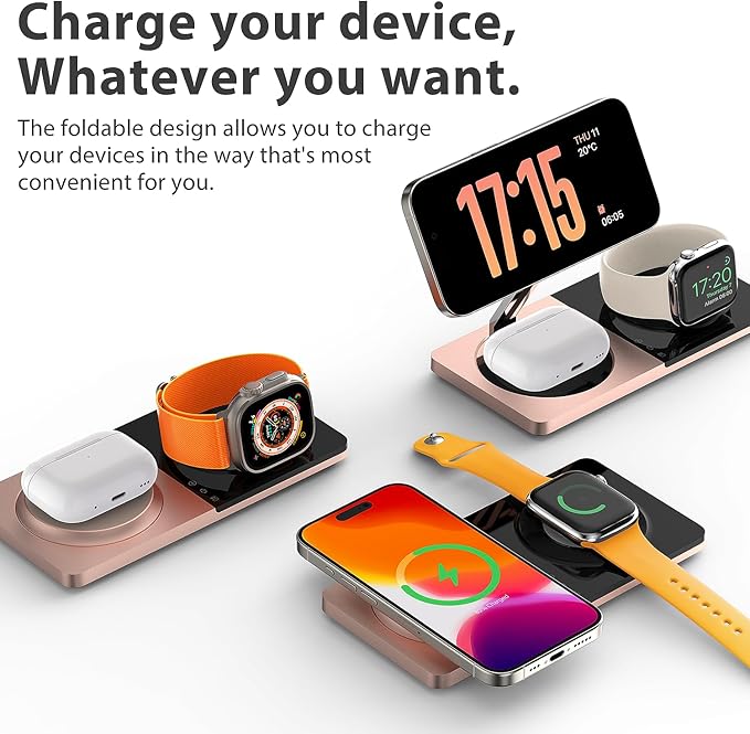 3 in 1 Charging Station for Apple Devices: Mag-Safe Charger Stand Fast Charging, Wireless Charger for iPhone 16/15/14/13/12 Series, Apple Watch Series 1-9/Ultra, AirPods Pro,30W USB Charger (Golden)
