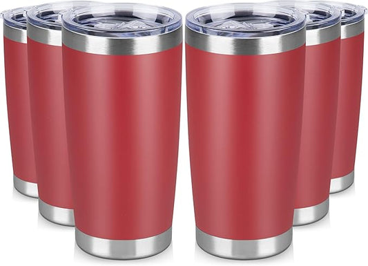 20 oz Tumbler Stainless Steel Tumblers Bulk with Lid Double Wall Insulated Coffee Tumbler Cups for Hot & Cold Drinks Powder Coated Travel Coffee Tumbler Mug Metal (Red, 6 pack)