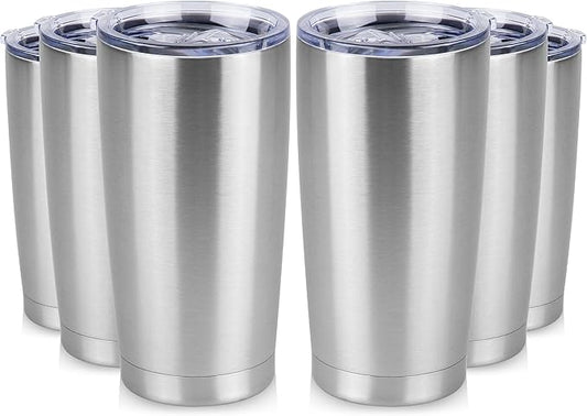 20 oz Tumbler Stainless Steel Tumblers Bulk with Lid Double Wall Insulated Coffee Tumbler Cups for Hot & Cold Drinks Powder Coated Travel Coffee Tumbler Mug Metal (Stainless Steel, 6 pack)
