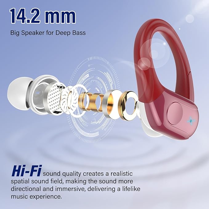Wireless Earbuds Bluetooth 5.4 Headphones 75H Stereo Deep Bass Sports Over Ear Buds with Earhooks, LED Display Bluetooth Earbuds with 4 ENC Mic, IP7 Waterproof Earphone for Running, Red