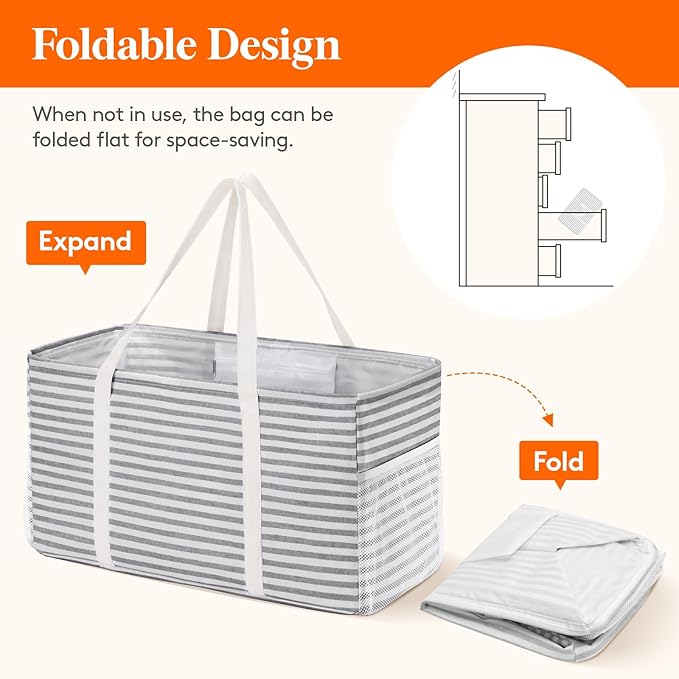 Lifewit Extra Large Tote Bag, Reusable Grocery Bags with Metal Wire Frame and Handles, Standing Utility Foldable Shopping Bags for Storage, Picnics, Beach, Pool, Laundry, Car 2 Packs 46L Gray and Pink