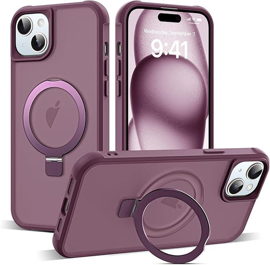 Compatible with iPhone 15 Plus Case with Invisible Magnetic O-Ring Stand Military-Grade Translucent Case for iPhone 15 Plus 6.7" [Compatible with Mag-Safe][Great Grip Feeling], Wine Red