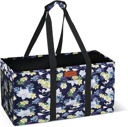 MHOMER Reusable Grocery Bags Extra Waterproof Large Tote Bag with Carrying Handles Reinforced Bottom Durable Oxford Fabric Foldable Shopping Bags for Storage Space Saving Dark Blue Flower