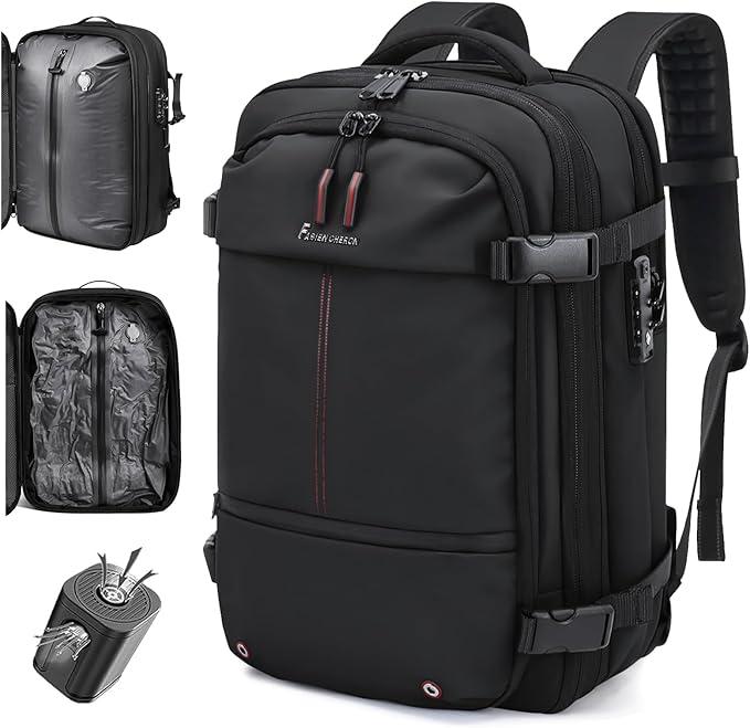 Travel Backpack with Vacuum System,60L Expandable Vacuum Backpack Travel with TSA Lock,17.3 inch Laptop Backpacks Vacpack Backpacks with Vacuum(Black,External Air Pump)