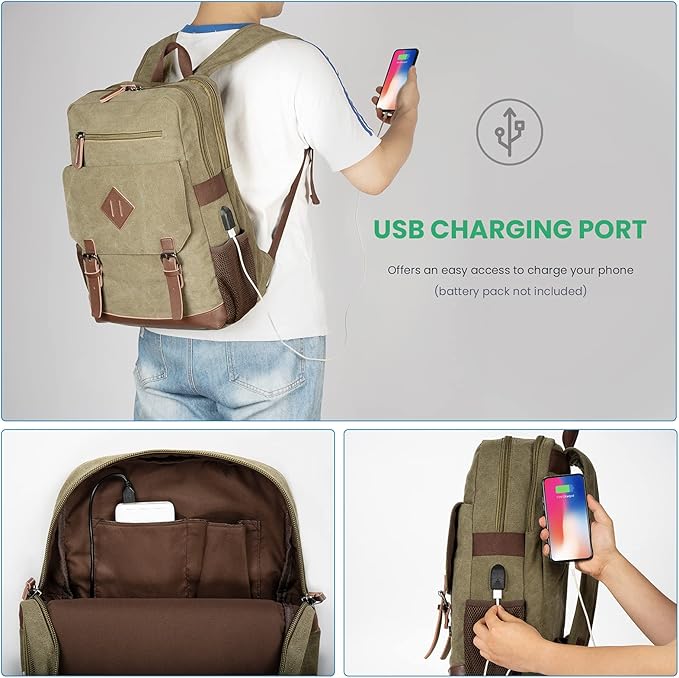 Modoker Vintage Backpack for Men Women, Canvas Bookpack Fits Most 15.6 Inches Computer and Tablets, Rucksack Backpack with USB Charging Port, Army Green