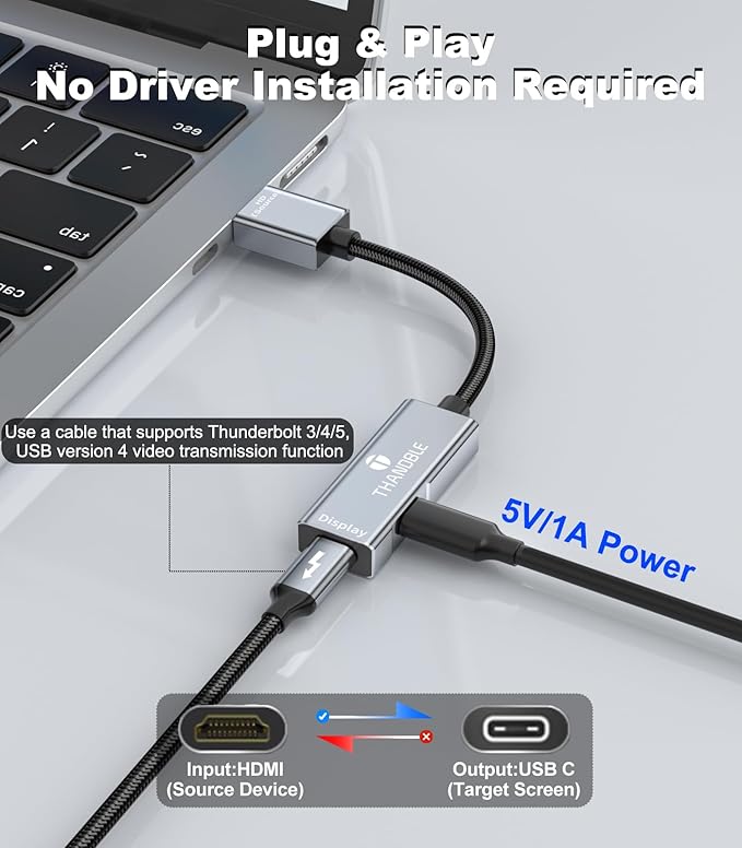 HDMI to USB C Adapter 4K60Hz, Unidirectional HDMI Male (Source) to USB C Female (Display) for Portable Monitor, AR Glasses XREAL One/Air 2 Pro/VITURE Pro/Rokid, PS4/5, Xbox, Switch, ROG Ally