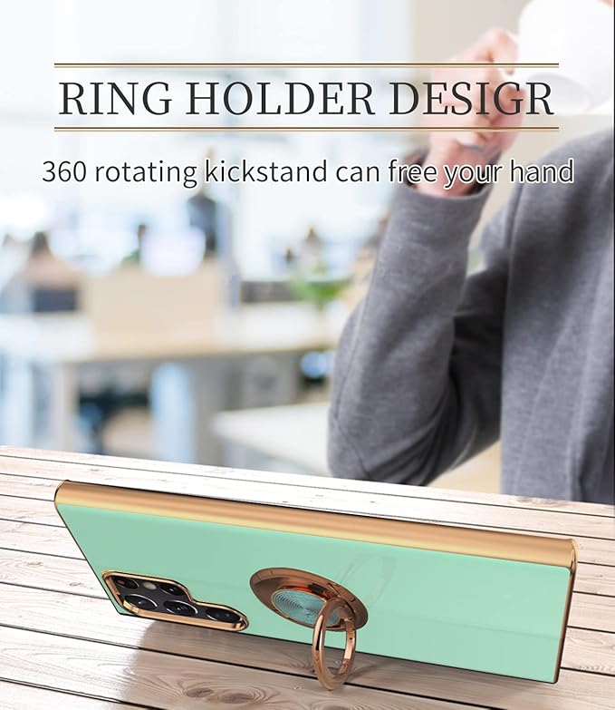 Tnarru Compatible for Samsung Galaxy S22 Ultra Case with Ring Holder Kickstand [with Magnetic] Soft TPU Shockproof Electroplated Protective Phone Case for Galaxy S22 Ultra 5G Light Green