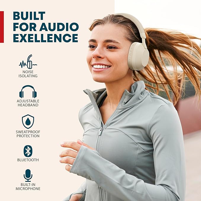 Gabba Goods Wireless Bluetooth Over-Ear Headphones – Deep Bass, 40mm Drivers, Built-in Mic, FM Radio, SD Card Playback, USB-C Fast Charging, 6H Playtime, Lightweight Comfort (Beige)