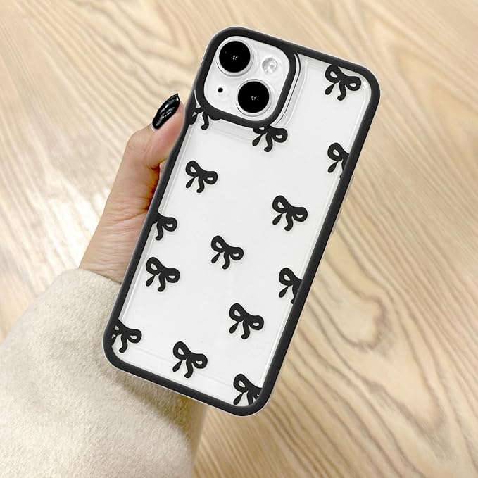 EYZUTAK Case for iPhone 14, Clear Cute Ribbon Bowknot Pattern Aesthetic Transparent Phone Case Raised Camera Protection Stylish Slim Soft Durable TPU Protective Cover for Women Girls - Black