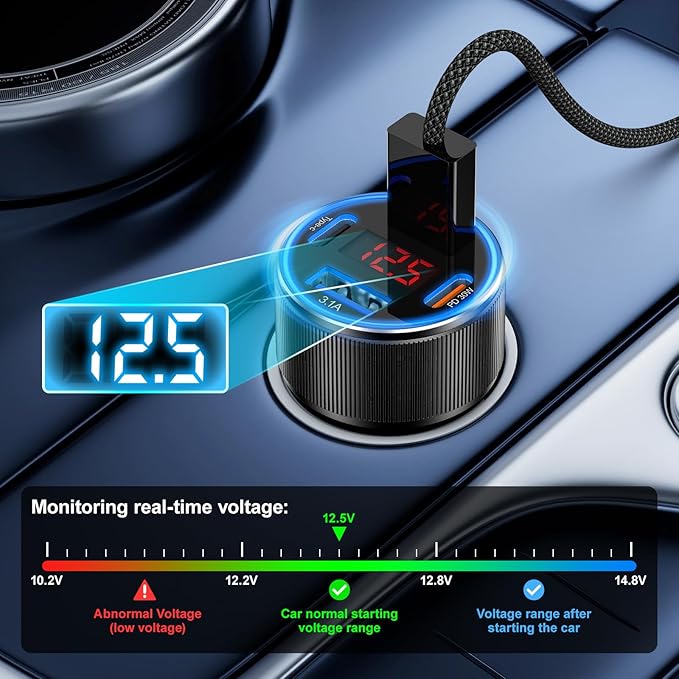 Car Charger USB C, Besgoods 4 Ports Cigarette Lighter USB Charger USB C Car Adapter PD/QC Fast Charging with Voltmeter for iPhone 17 16 15 14 13 12 Galaxy S24 S23 A54 A16 Android Dash Cam, 2Pack