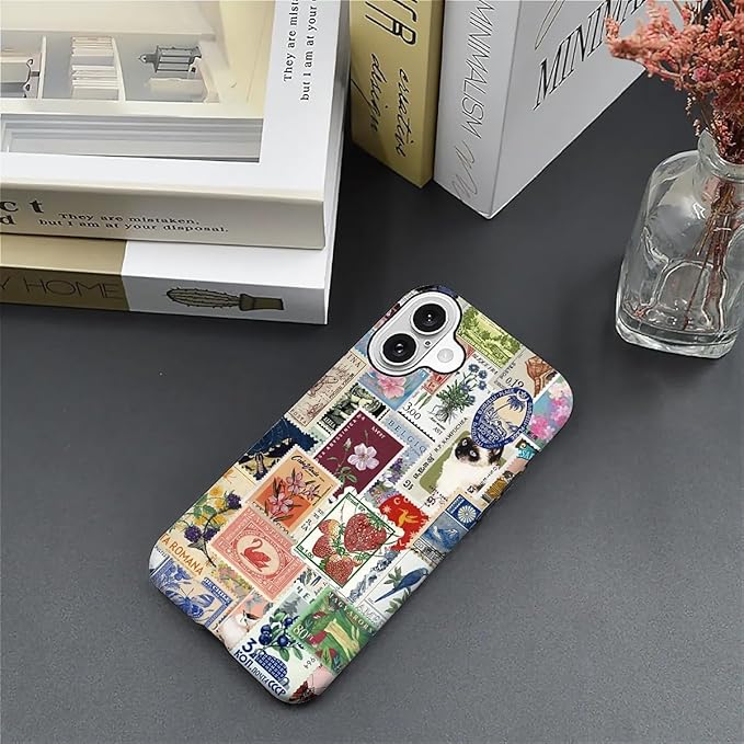 Case for iPhone 16 Plus,Vintage Stamp Collage for Woman Men Full Body Protective Cover Shockproof 2 in 1 Silicone + Hard PC Case for iPhone 16 Plus