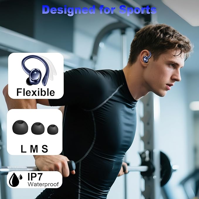Wireless Earbuds Sport, 2025 Bluetooth 5.4 Headphones with Earhooks, 50H Stereo Deep Bass Over Ear Buds with 4 ENC Noise Canceling Mics, IP7 Waterproof Earphones for Running Workout Gym -Blue