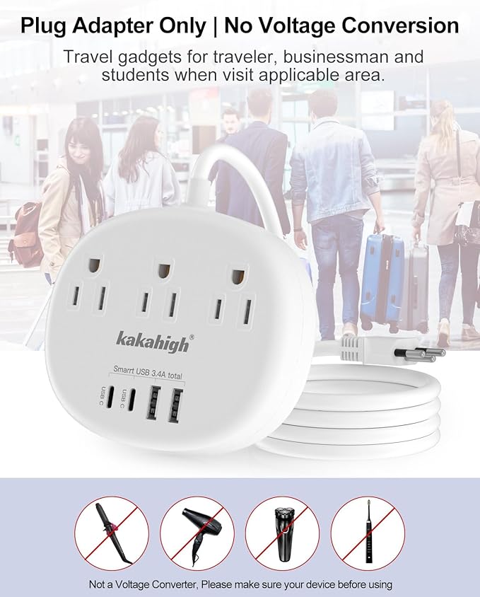 Brazil Power Adapter, Outlet Adapter for Brazil with 3 American Outlets 4 USB Ports (2 USB-C) Total 24W, Type N Plug Adapter for USA to Brazil, 5FT