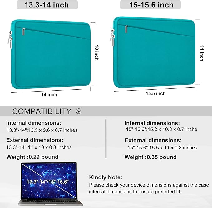 Laptop Sleeve Bag 15.6 inch, Durable Computer Carrying Bag Protective Case Briefcase Handbag with Front Pocket, Slim Laptop Case Cover for 15.6 Inch HP, Dell, Lenovo, Asus, Notebook, Light Blue