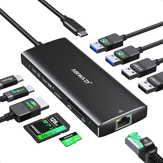 ABIWAZY USB C Hub Ethernet for MacBook Pro/Air, 10 in 1 USB C Multiport Adapter with 4K HDMI, Ethernet Gigabit, 100W PD, USB-C Data Port and SD/TF Slot for Dell XPS, iMac, iPad Pro, Galaxy (Black)