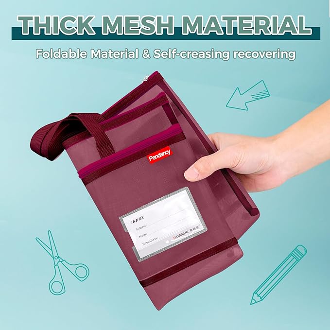 Pendancy Mesh Zipper Pouch A4 Size, Large Double Pocket Lightweight Nylon Transparent File Bag with Handle, 11x13.8 in Foldable Document Storage for Puzzle Project/Cross Stitch/Travel/Office (Red)