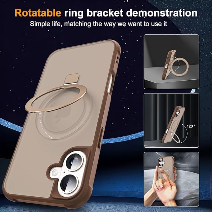 Compatible with iPhone 16 Case with Invisible Magnetic O-Ring Stand Military-Grade Translucent Case for iPhone 16 6.1" [Compatible with Mag-Safe][Great Grip Feeling],Desert Brown