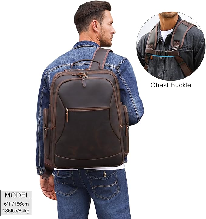 TIDING Full Grain Leather 17.3 Inch Laptop Backpack for Men Large Capacity Travel Weekender Camping Daypack Rucksack