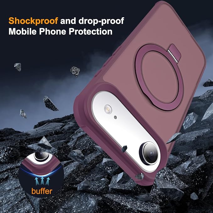 Compatible with iPhone 17 Air Case with Invisible Magnetic O-Ring Stand Military-Grade Translucent Phone Case for iPhone 17 Air 6.5" [Compatible with Mag-Safe][Great Grip Feeling], Wine Red