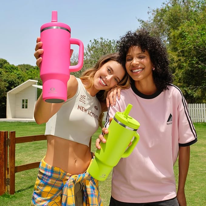 40 oz Tumbler with Handle and Straw: Stainless Steel Insulated Tumbler Keeps Cold for 24 Hours, Leakproof Travel Cup Fits in Cup Holder and BPA-Free, Sharp Green