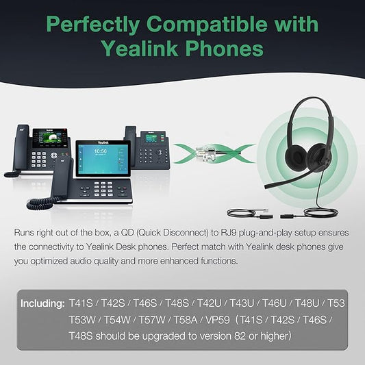 Yealink Phone Headsets for Office Phones YHS34 Lite QD to RJ9 Wired Headset Compatible with Poly Snom Grandstream Phones Desk Landline Headset with Microphone -Dual/111g/2.1m Cable