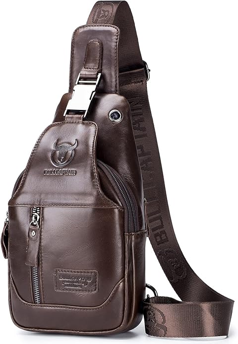 BULLCAPTAIN Genuine Leather Men Sling Backpack Multi Pocket Crossbody Chest Bags Travel Hiking Daypack