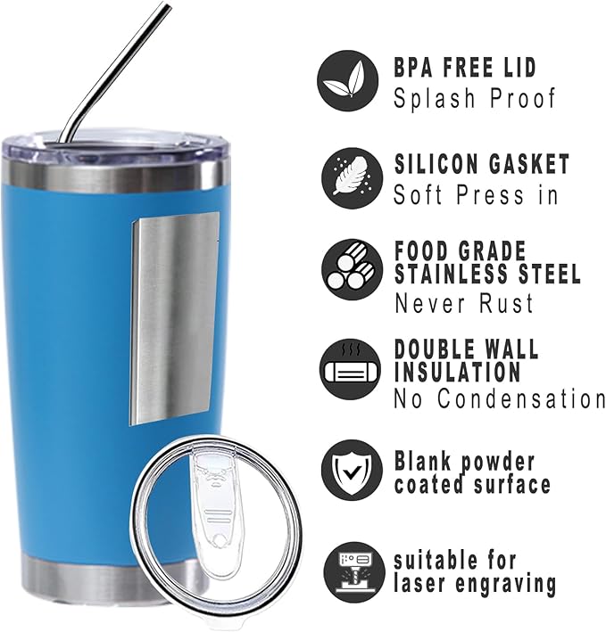 20oz insulted tumblers stainless steel cup Tumbler Bulk with push Lid, and metal straw powder coated coffee cup for cold and hot drinking (48, sky blue)