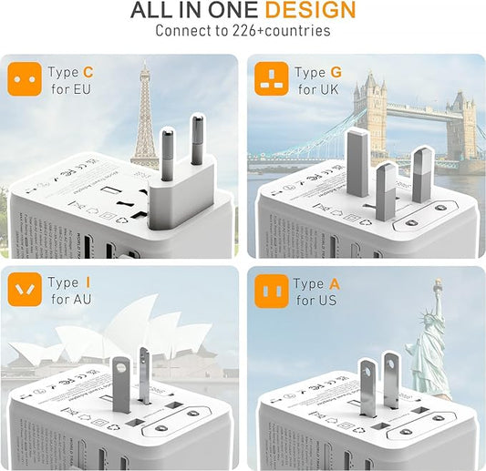 Universal Travel Adapter Worldwide- 35W GaN III/PD Fast Charge European Travel Plug Adapter with 3 USB-C& 2 USB-A Ports, International Power Adapter for US to Europe UK AUS Japan(Type C/G/A/I) (white)