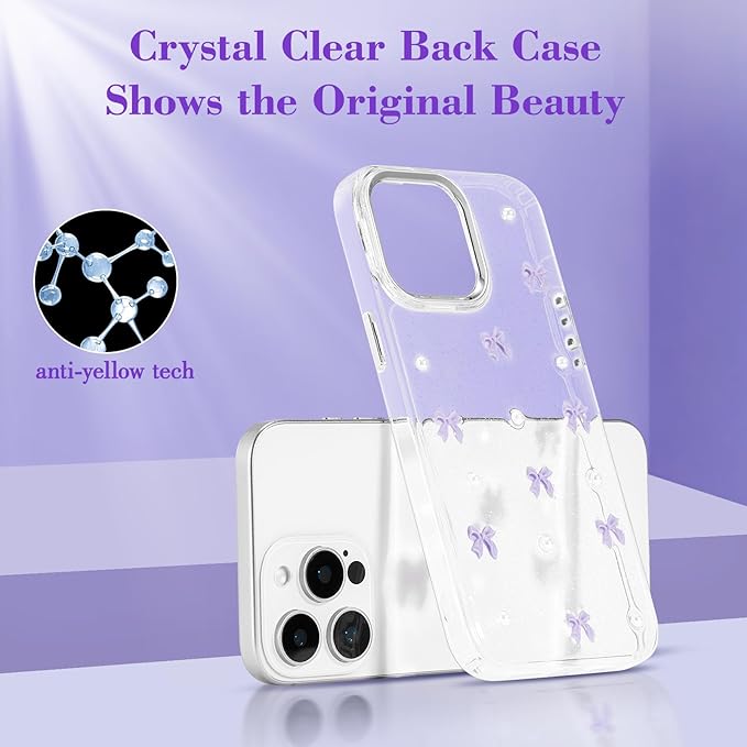 EYZUTAK Case for iPhone 13 Pro, Bling Glitter 3D Bowknot Phone Case Cute Sparkly Crystal Clear Bow Aesthetic Design Case Slim Soft Durable TPU Transparent Protective Cover for Women Girl - Purple Bow