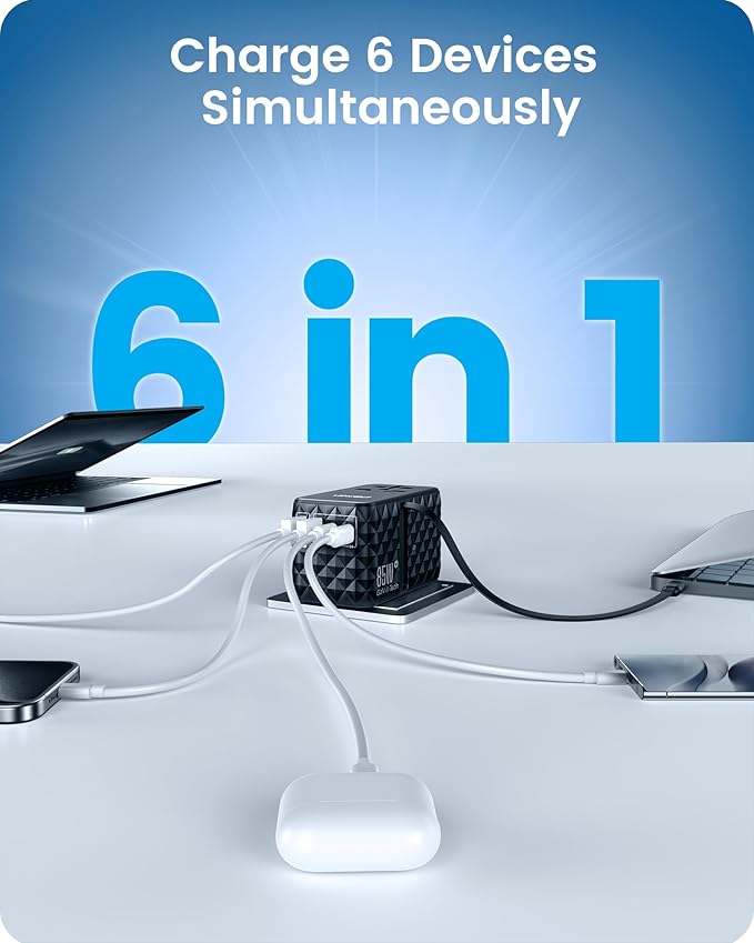 LENCENT 85W Universal Travel Power Adapter with Retractable USB C Cable, GaN International Travel Adapter with 1 USB-A & 3 Type C Fast Charging, Worldwide Plug Adaptor for US to EU UK Type C/G/A/I