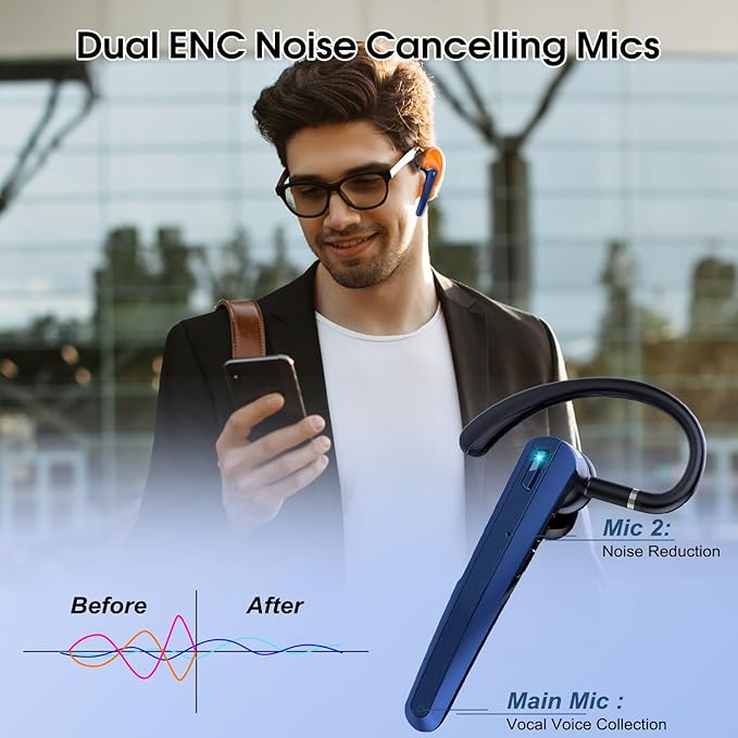 Bluetooth Headset V5.3, Wireless Earpiece with Dual ENC Noise Canceling Mic, 120H Hand-Free Talk Single-Ear Bluetooth Earpiece with LED Display, IP7 Waterproof Headphones for Trucker, Dark Blue