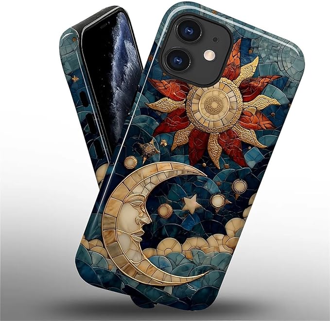 Case for iPhone 11 Case,Sun Moon Stars Faux Stained Glass Design - Hybrid Dual Protection Silicone + Hard PC Shockproof Full Body Cover Slim Anti-Scratch Protective Case for Men Women