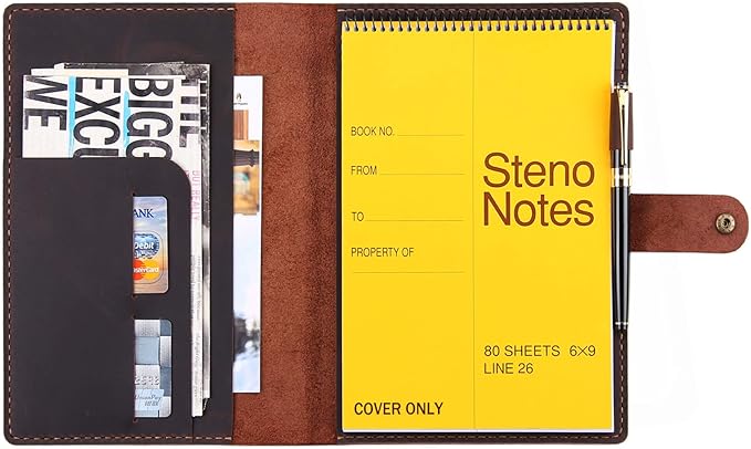 Robrasim Leather Cover for 6"x9" Steno Notebook, Leather Folio Cover Compatible with 6x9 Spiral Steno Pads, A5 Notebook Organizer with Pen Loop - Coffee