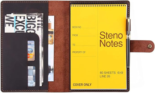 Robrasim Leather Cover for 6"x9" Steno Notebook, Leather Folio Cover Compatible with 6x9 Spiral Steno Pads, A5 Notebook Organizer with Pen Loop - Coffee