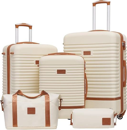 Coolife Suitcase Set 3 Piece Luggage Set Carry On Travel Luggage TSA Lock Spinner Wheels Hardshell Lightweight Luggage Set(White, 5 piece set)